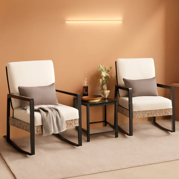 Beige Patio Rocking Chairs Set With Glass Coffee Table