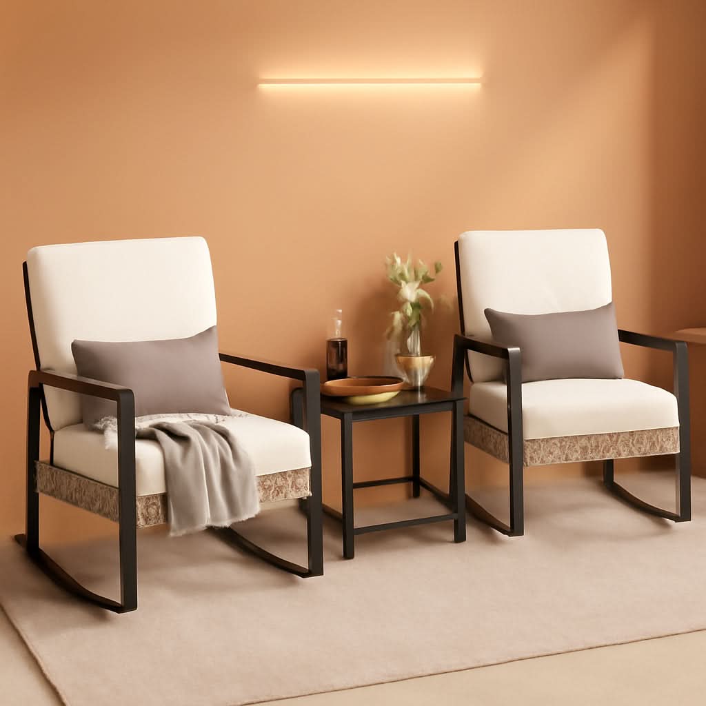 Beige Patio Rocking Chairs Set With Glass Coffee Table-0