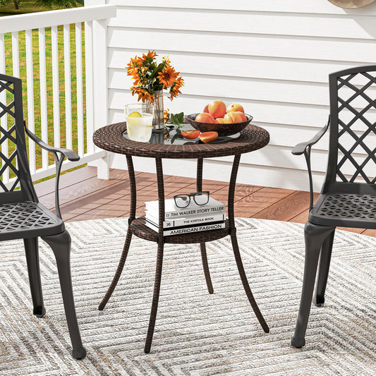 Round PE Wicker Bistro Table with Glass Top & Shelf
