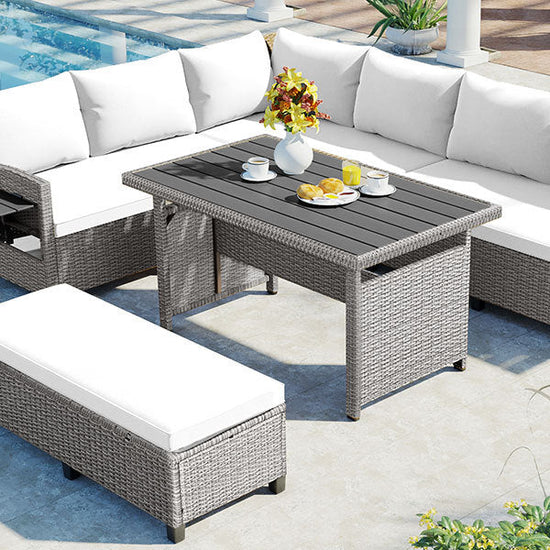 Rattan L-Shaped Patio Sectional — 5-piece outdoor wicker sectional sofa set with cushions