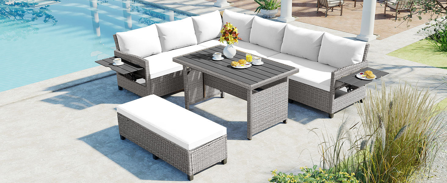 Rattan L-Shaped Patio Sectional — 5-piece outdoor wicker sectional sofa set with cushions