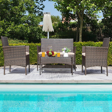 4 Piece Wicker Patio Set With Glass Table Beige Cushions