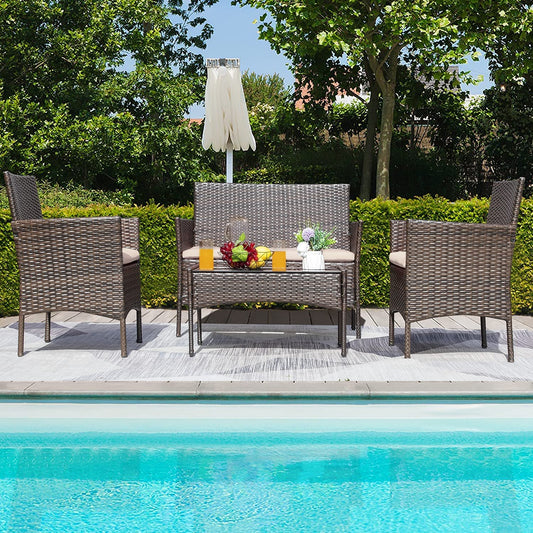 4 Piece Wicker Patio Set With Glass Table Beige Cushions