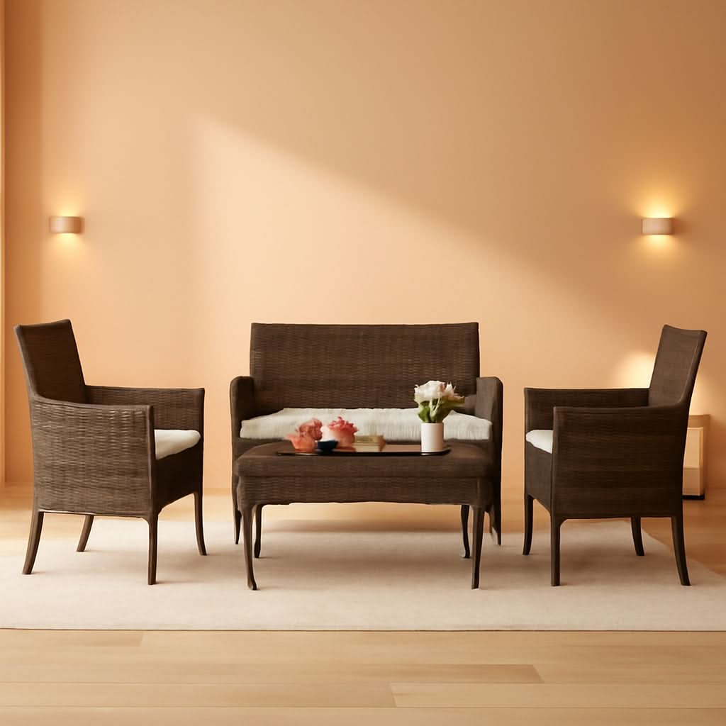 4 Piece Wicker Patio Set With Glass Table Beige Cushions-0
