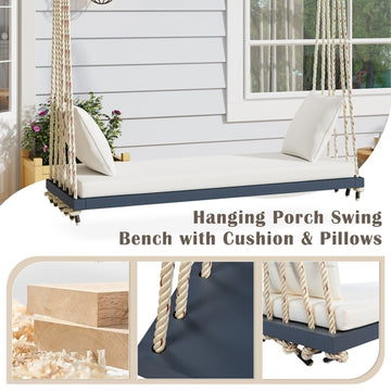 Acacia Wood Porch Swing Chair, Gray, with Cushioned Seat for Patio