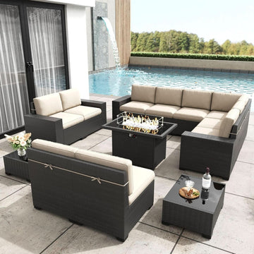 13-Piece All-Weather Wicker Patio Set with Fire Pit Table