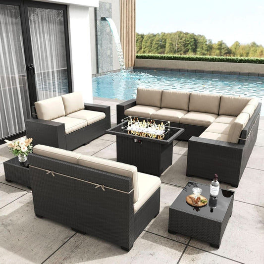 13-Piece All-Weather Wicker Patio Set with Fire Pit Table