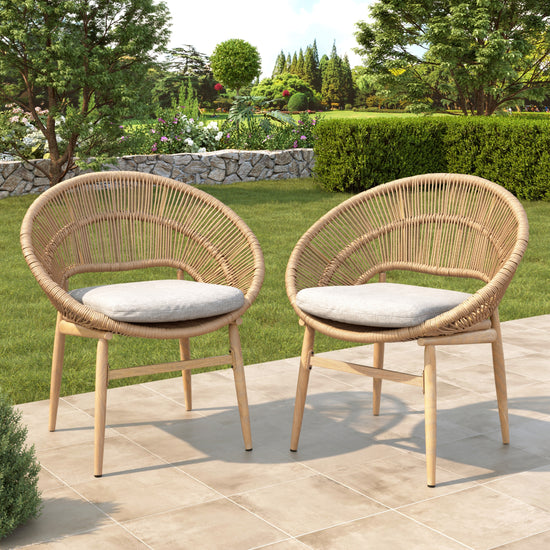 Cyril Outdoor Wicker Papasan Style Dining Chair  Teak Finished Leg And Light Brown Faux Rattan  Beige Cushion  Set Of 2