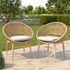 Cyril Outdoor Wicker Papasan Style Dining Chair  Teak Finished Leg And Light Brown Faux Rattan  Beige Cushion  Set Of 2
