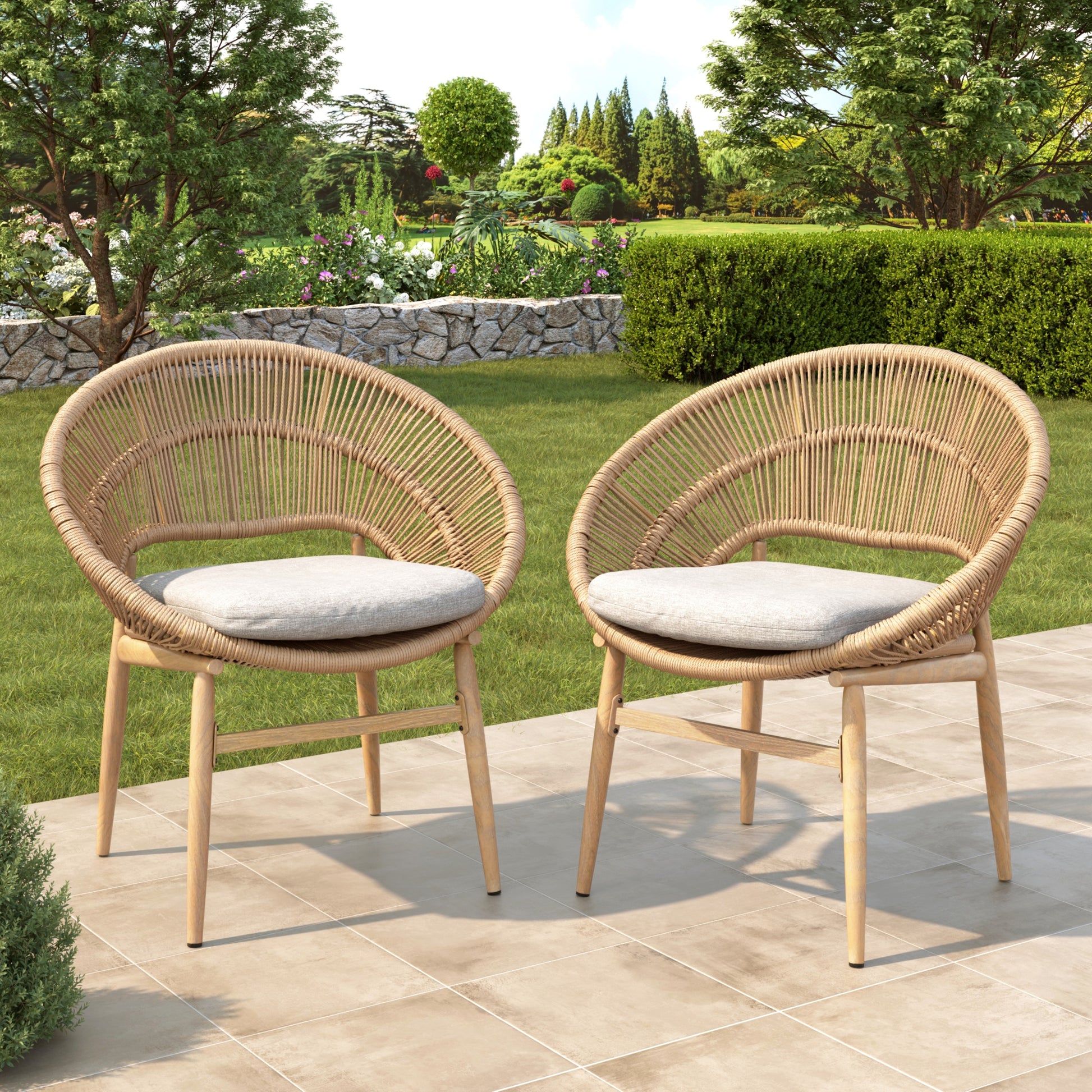Cyril Outdoor Wicker Papasan Style Dining Chair  Teak Finished Leg And Light Brown Faux Rattan  Beige Cushion  Set Of 2