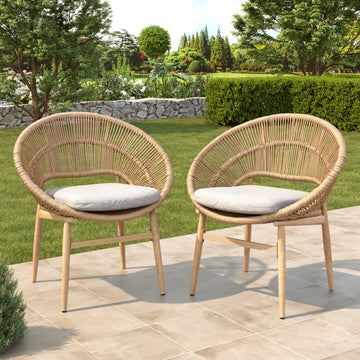 Cyril Outdoor Wicker Papasan Style Dining Chair  Teak Finished Leg And Light Brown Faux Rattan  Beige Cushion  Set Of 2