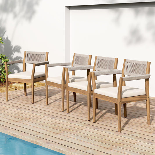 Braided Acacia Wood Outdoor Dining Chairs Set Of 4 -Teak Look With Beige Rope & Cream Cushions, Armrests -All-Weather Patio Furniture For Garden, Poolside, And Backyard  Durable & Stylish