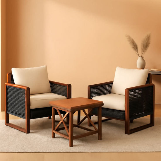 3 Piece Outdoor Patio Furniture Set With Wicker Chairs And Coffee Table Washable Cushions Acacia Wood Frame-0