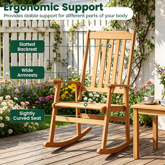 Solid Acacia Wood Outdoor Rocking Chair with Slatted Back