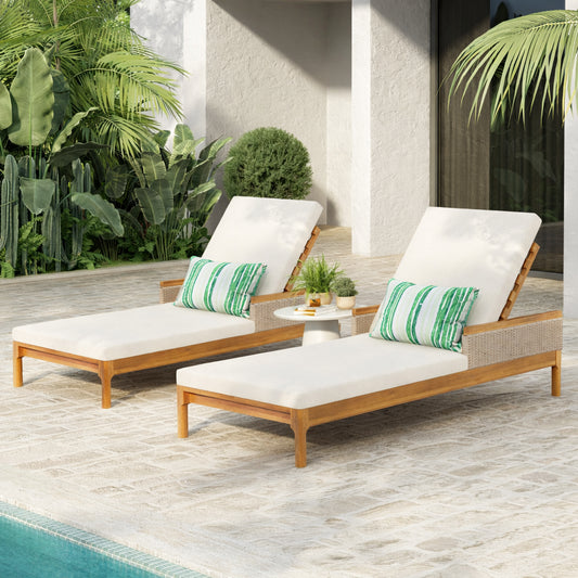 Solid Acacia & Wicker Sun Chaise Lounger, Set of 2