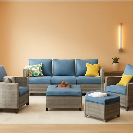 5-Piece Outdoor Wicker Patio Furniture Set, Denim Blue