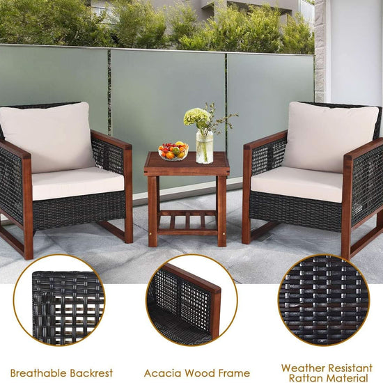3 Piece Outdoor Patio Furniture Set With Wicker Chairs And Coffee Table Washable Cushions Acacia Wood Frame-3