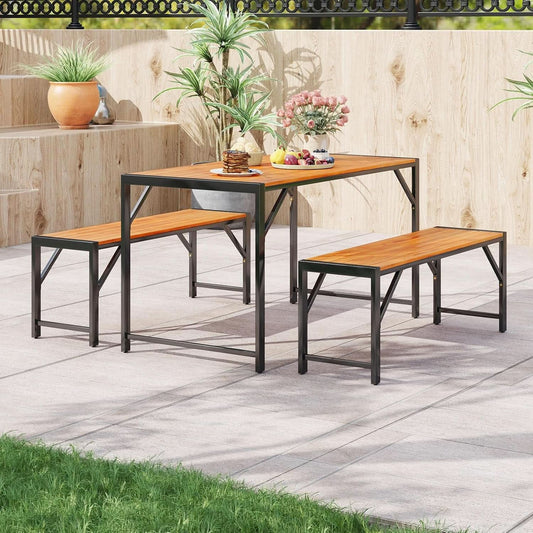 3-Piece Patio Dining Set for Six, 53-Inch Acacia Wood Table and Benches