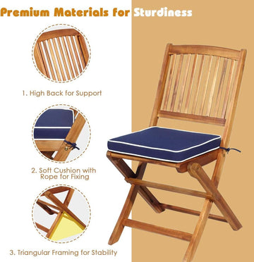 Patio Bistro Set With Wood Table And Navy Cushioned Chairs
