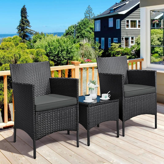 3 Piece Outdoor PE Rattan Wicker Patio Furniture Set With Soft Cushions And Glass Coffee Table-1