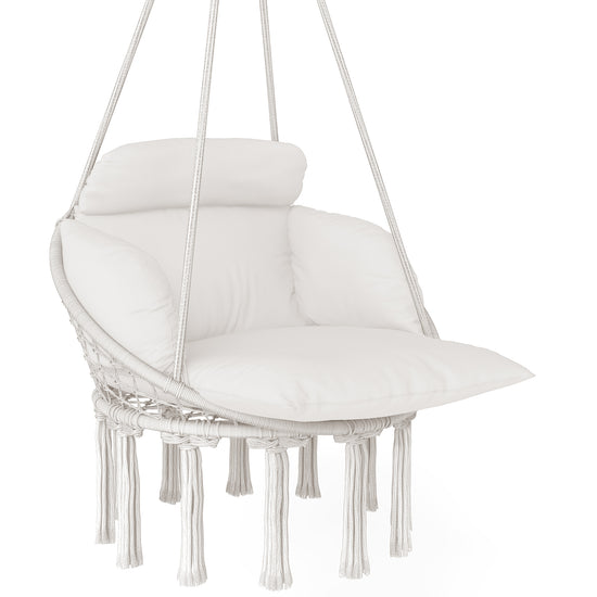 Boho Hanging Hammock Chair with Cushion — Cotton Rope, Cream White