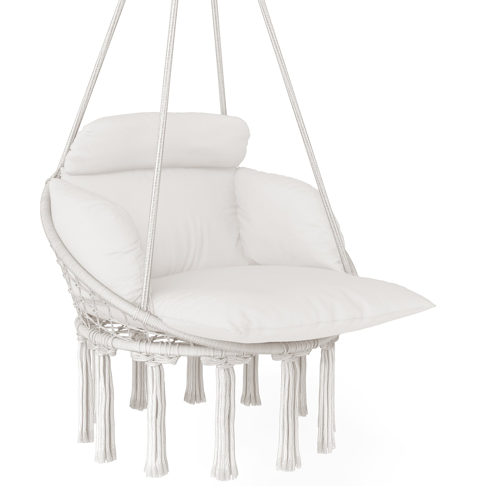 Boho Hanging Hammock Chair with Cushion — Cotton Rope, Cream White