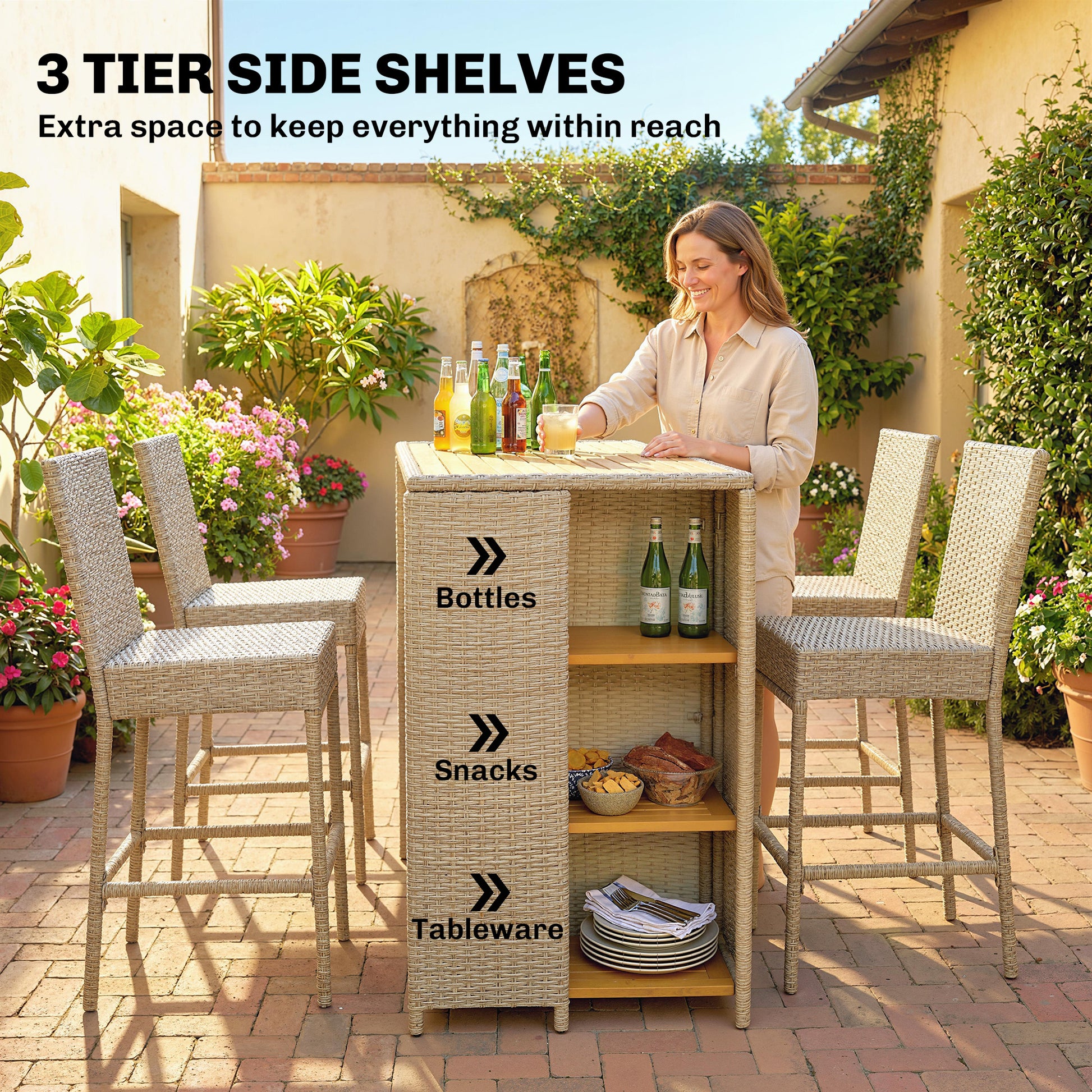 Wicker Bar Set — 5-piece with slatted acacia bar table and four cushioned wicker barstools