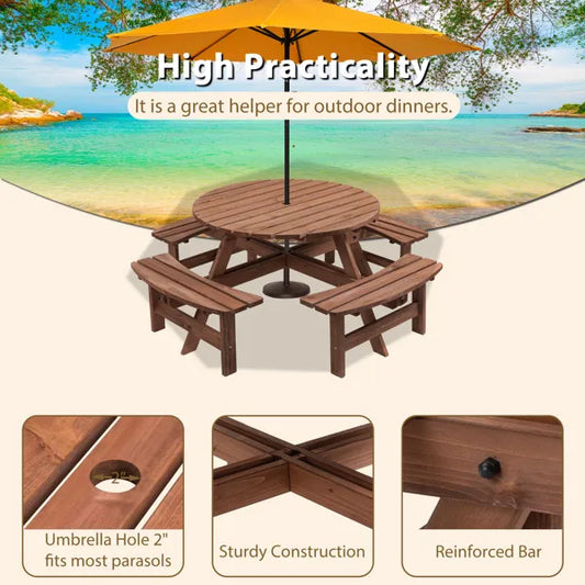 8-Person Circular Fir Wood Picnic Table with 3 Benches, Gray