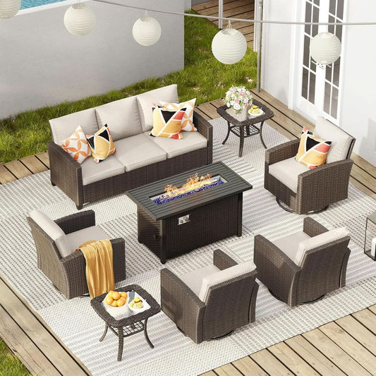 Eight Piece Outdoor Patio Conversation Set with Firepit