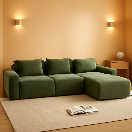 Emerald corduroy 108-inch boneless cloud sectional sofa in a warm living room