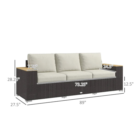 Three-Seat PE Wicker Outdoor Sofa with Deep Seat, Beige