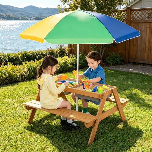 3-in-1 Kids Picnic Table with Adjustable Umbrella & Sand-Water Play