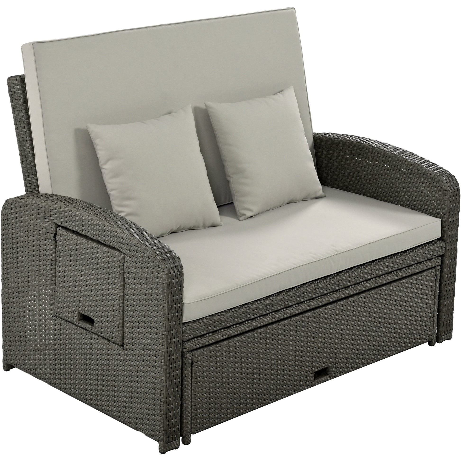 Wicker Double Chaise Lounge — two-person reclining wicker loungers with cushions and middle table