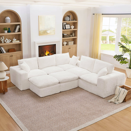 Modern Boucle L-Shaped Sectional Sofa with Two Moveable Ottomans,