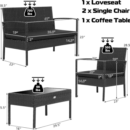 4 Piece Patio Rattan Conversation Set Glass Coffee Table-3