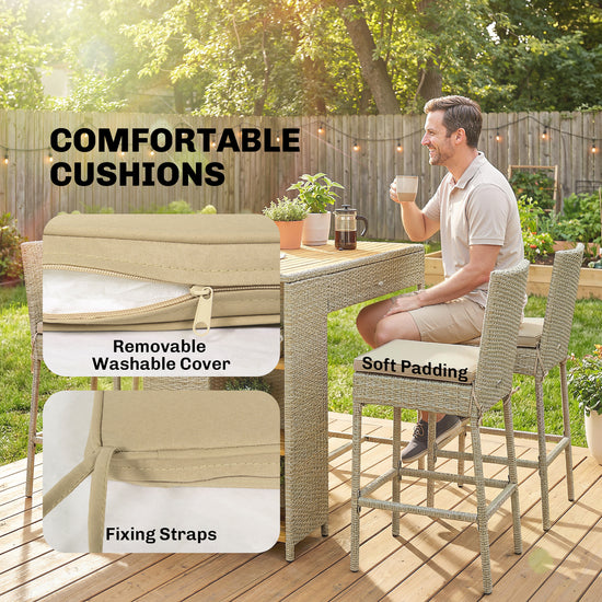 Wicker Bar Set — 5-piece with slatted acacia bar table and four cushioned wicker barstools
