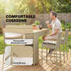 Wicker Bar Set — 5-piece with slatted acacia bar table and four cushioned wicker barstools
