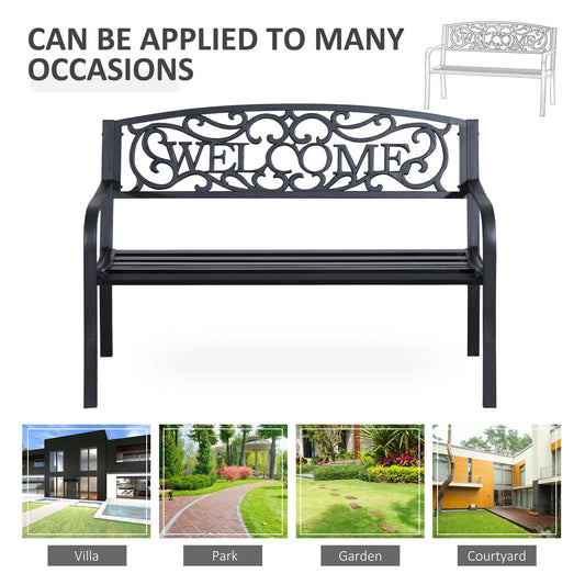 Cast Iron Welcome Garden Bench, Black Tubular Steel