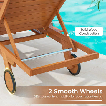 Solid Wood Outdoor Chaise Lounge with Side Table and Wheels