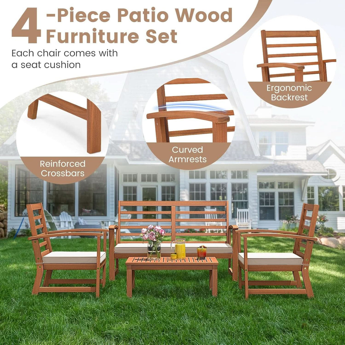 Acacia Wood Outdoor Conversation Set With Cushions White-4