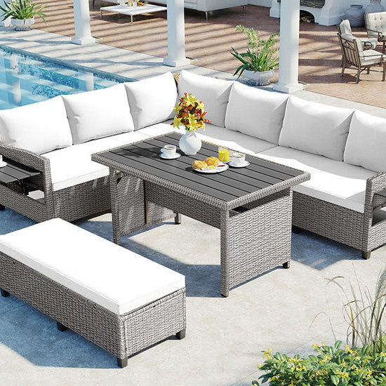 Rattan L-Shaped Patio Sectional — 5-piece outdoor wicker sectional sofa set with cushions