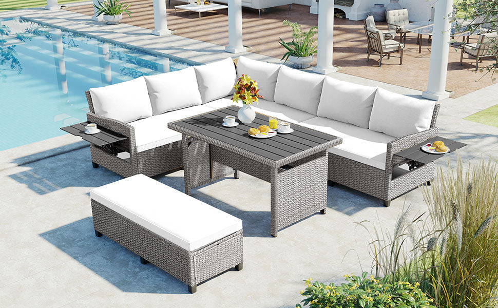 Rattan L-Shaped Patio Sectional — 5-piece outdoor wicker sectional sofa set with cushions