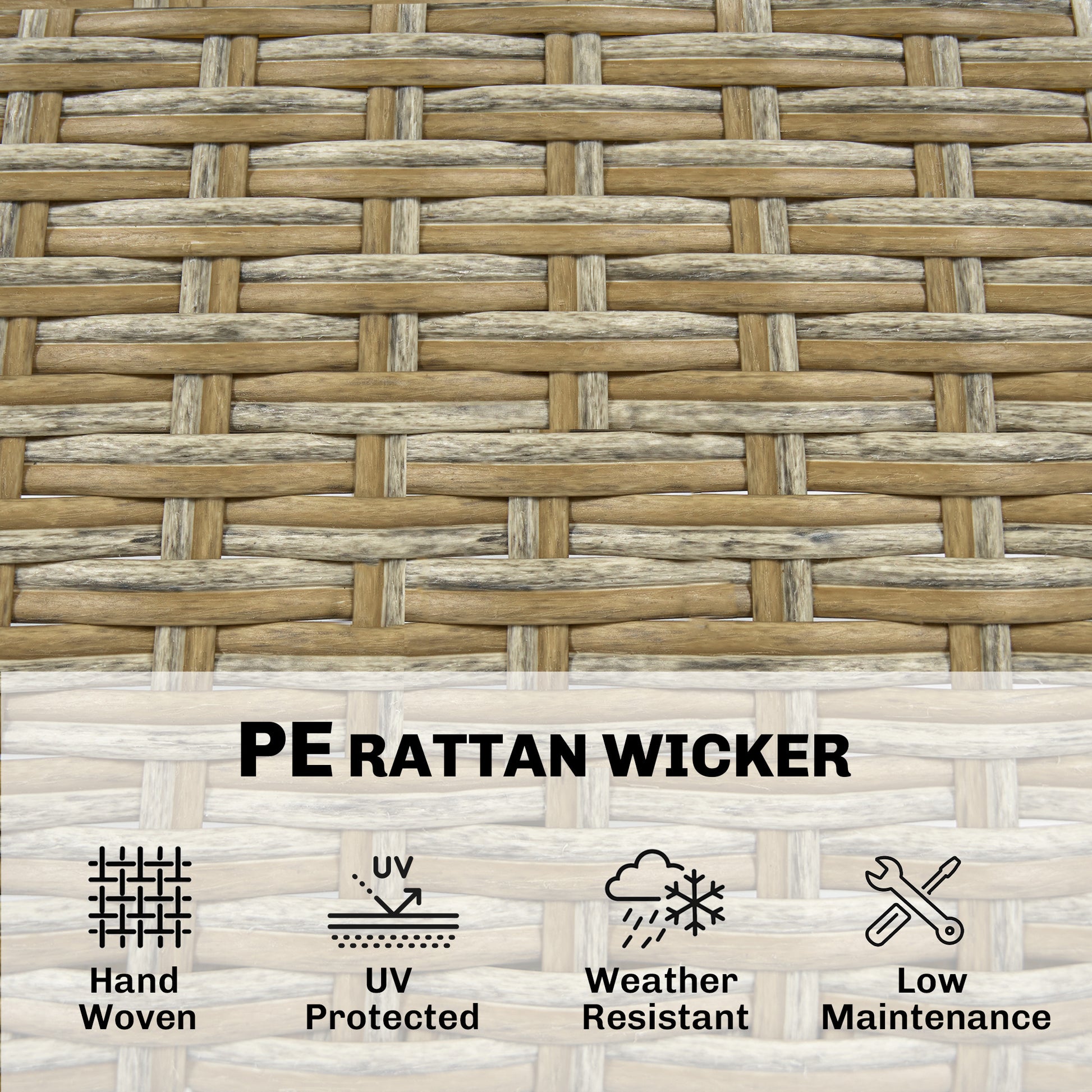 Wicker Bar Set — 5-piece with slatted acacia bar table and four cushioned wicker barstools