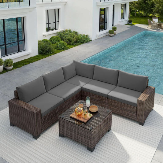 6-Piece Wicker Outdoor Sectional Sofa Set with Cushions