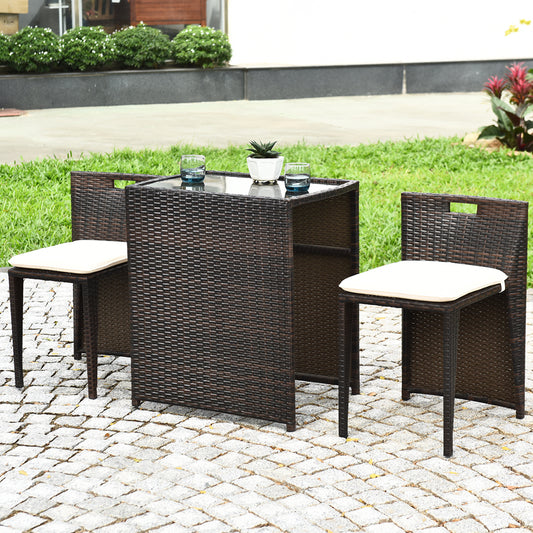 3-Piece Cushioned Wicker Patio Bistro Set