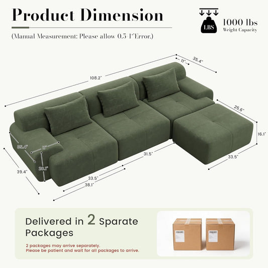 Emerald corduroy 108-inch boneless cloud sectional sofa, detail view 2