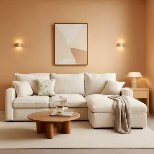 Beige 103 inch cloud modular sectional sofa in a warm living room