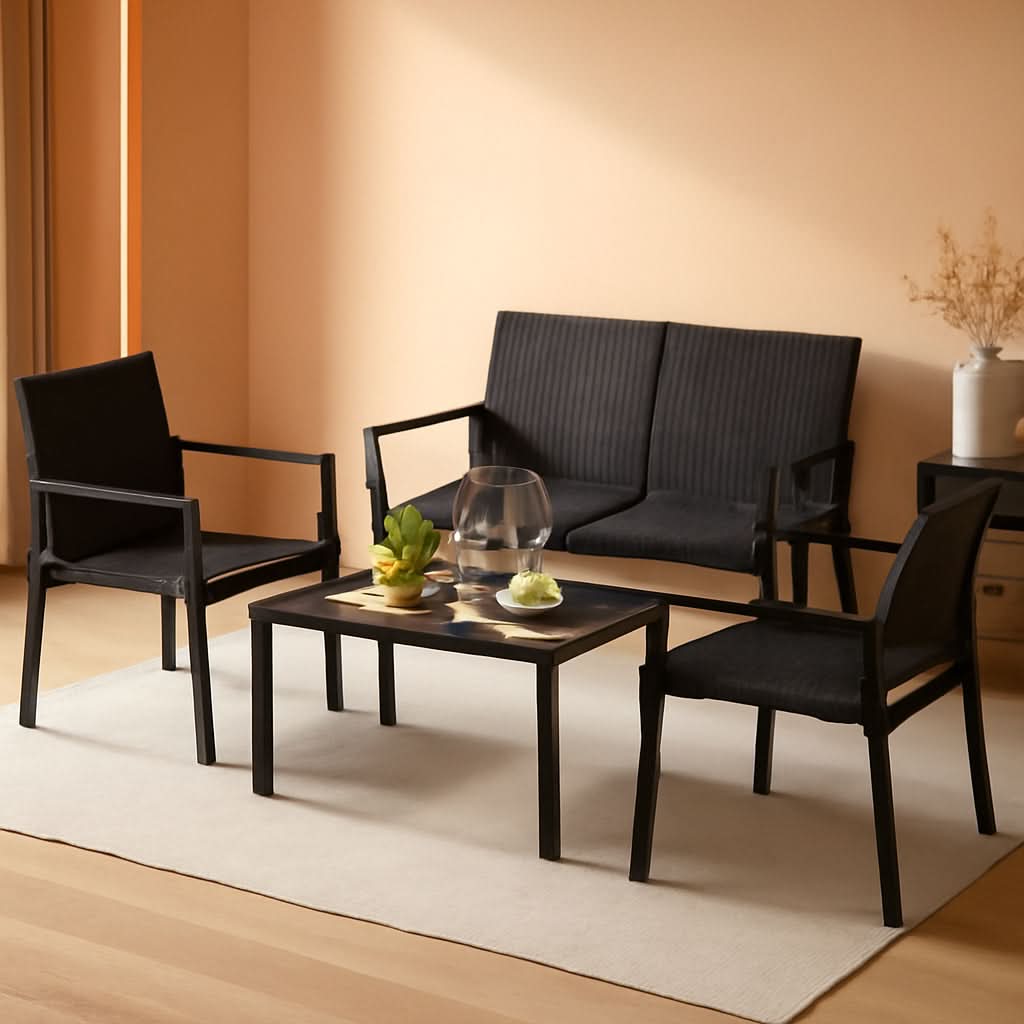 4 Piece Wicker Patio Conversation Set Black Coffee Table-0