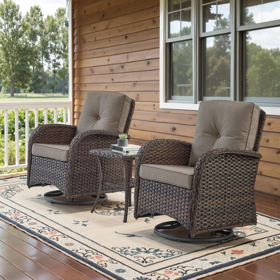 Brown Wicker Swivel Patio Set 2 Chairs Glass Table-1
