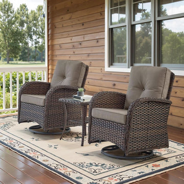 Brown Wicker Swivel Patio Set 2 Chairs Glass Table-1